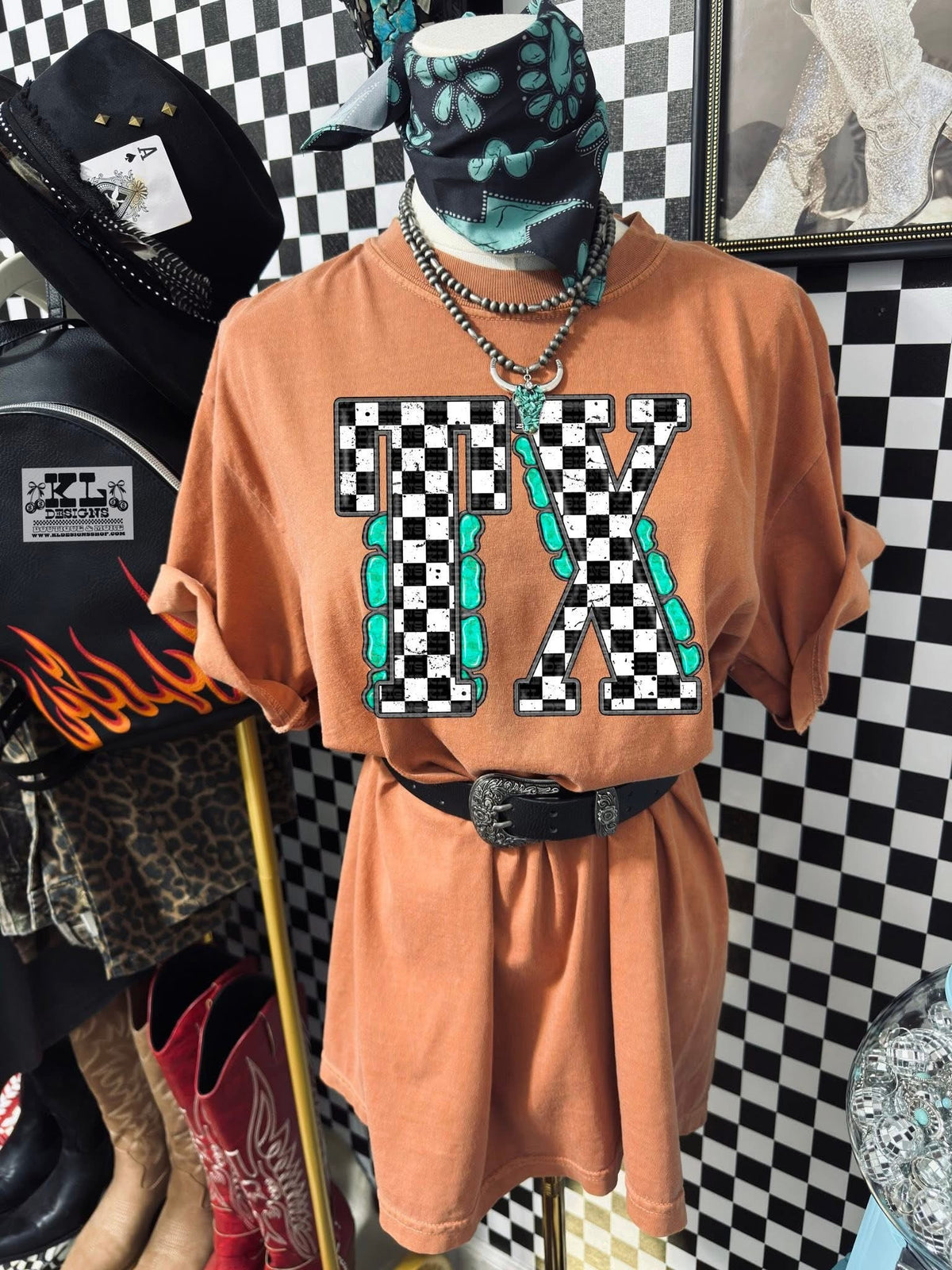 Checker & turquoise TX tee or sweatshirt