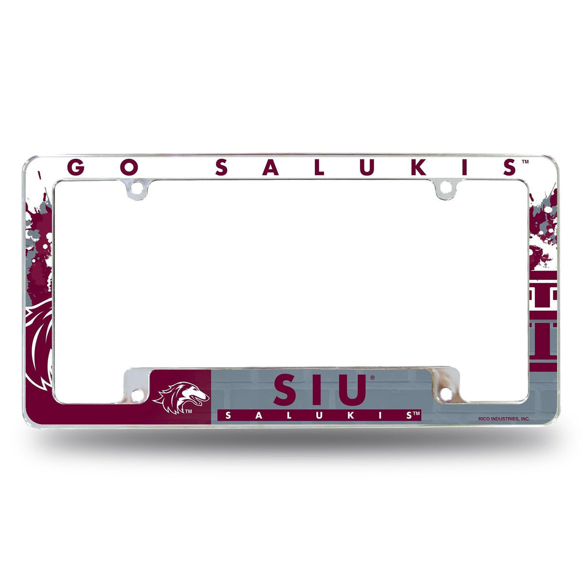Southern Illinois University Salukis Metal License Plate Frame Chrome Tag Cover, All Over Design, 6x12 Inch