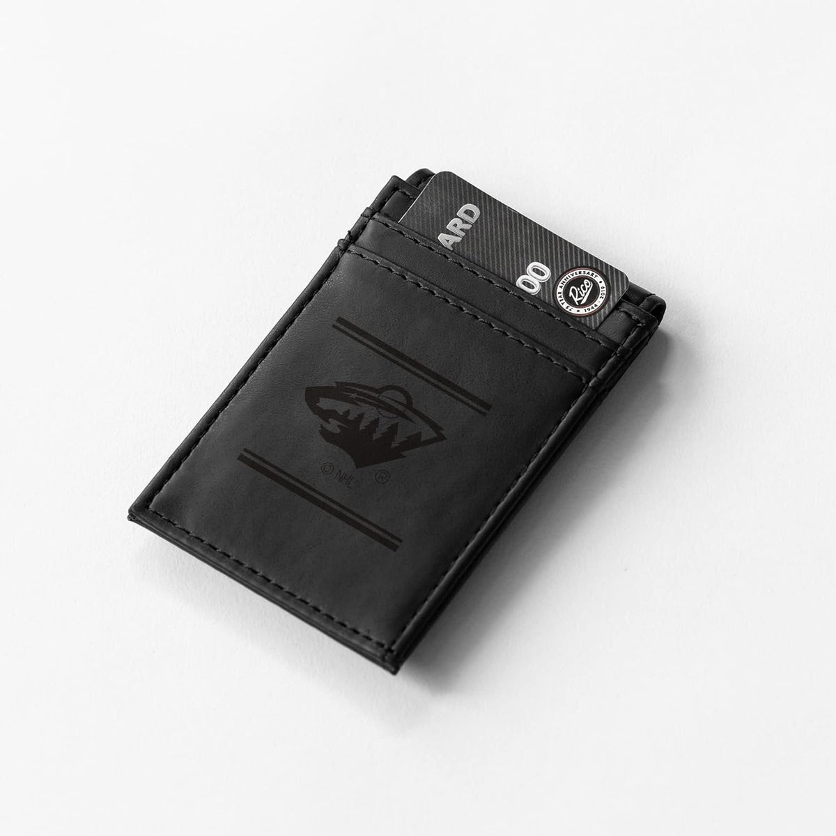Minnesota Wild Premium Black Leather Wallet, Front Pocket Magnetic Money Clip, Laser Engraved, Vegan