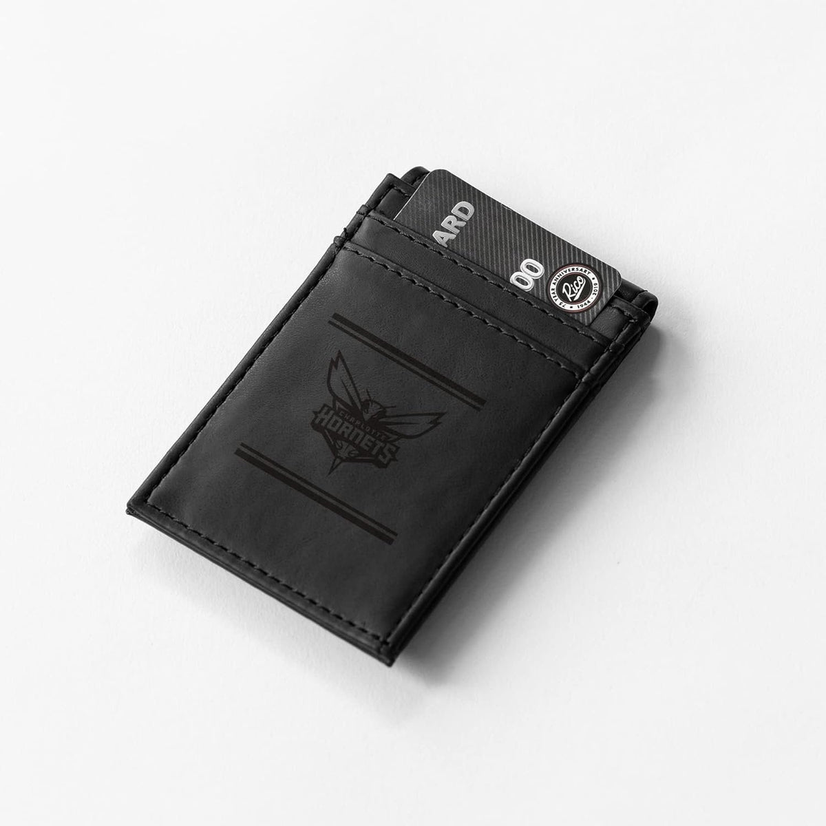 Charlotte Hornets Premium Black Leather Wallet, Front Pocket Magnetic Money Clip, Laser Engraved, Vegan