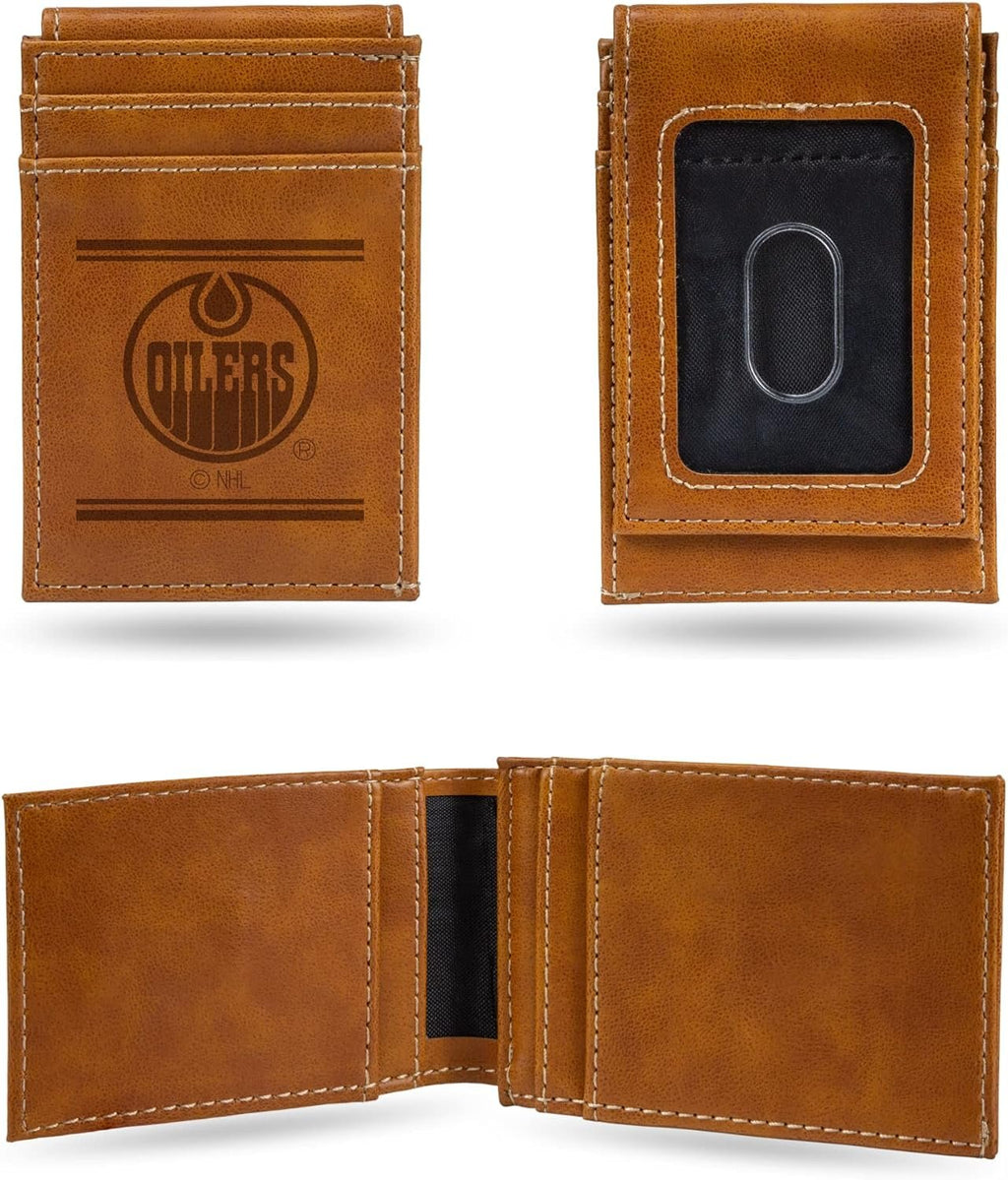 Edmonton Oilers Premium Brown Leather Wallet, Front Pocket Magnetic Money Clip, Laser Engraved, Vegan