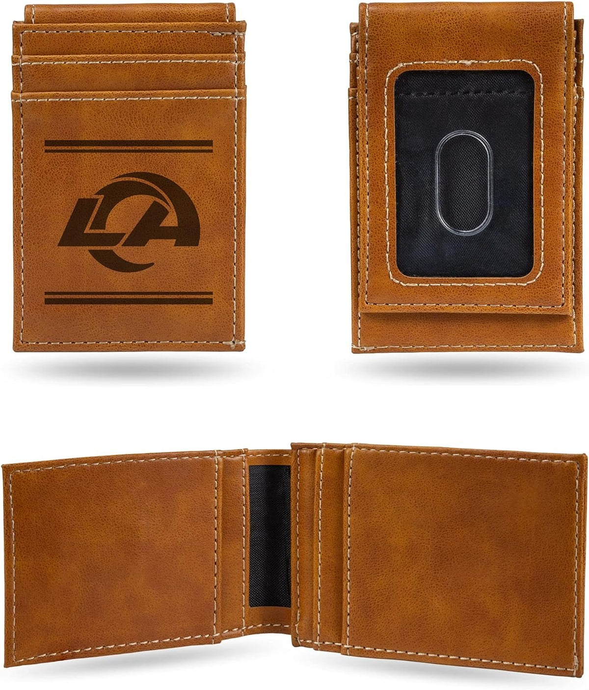 Los Angeles Rams Premium Brown Leather Wallet, Front Pocket Magnetic Money Clip, Laser Engraved, Vegan