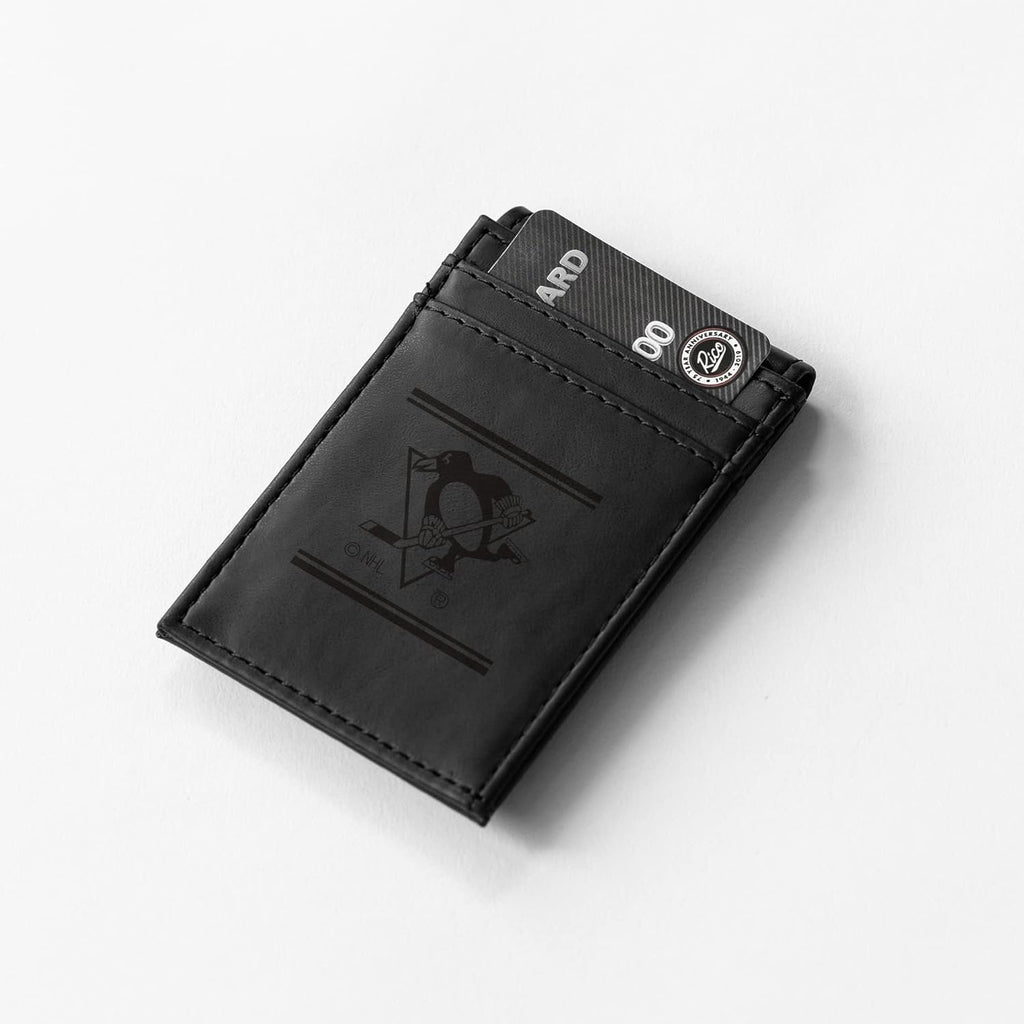 Pittsburgh Penguins Premium Black Leather Wallet, Front Pocket Magnetic Money Clip, Laser Engraved, Vegan