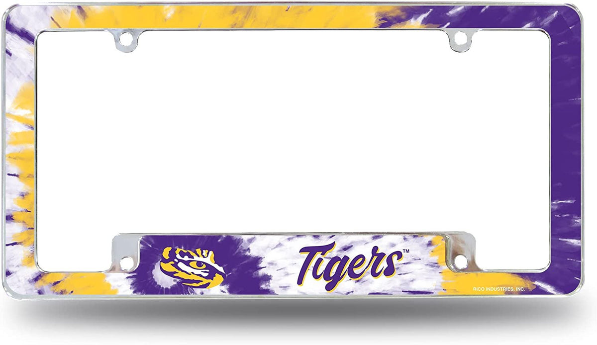Louisiana State University Tigers LSU Metal License Plate Frame Chrome Tag Cover Tie Dye Design 6x12 Inch