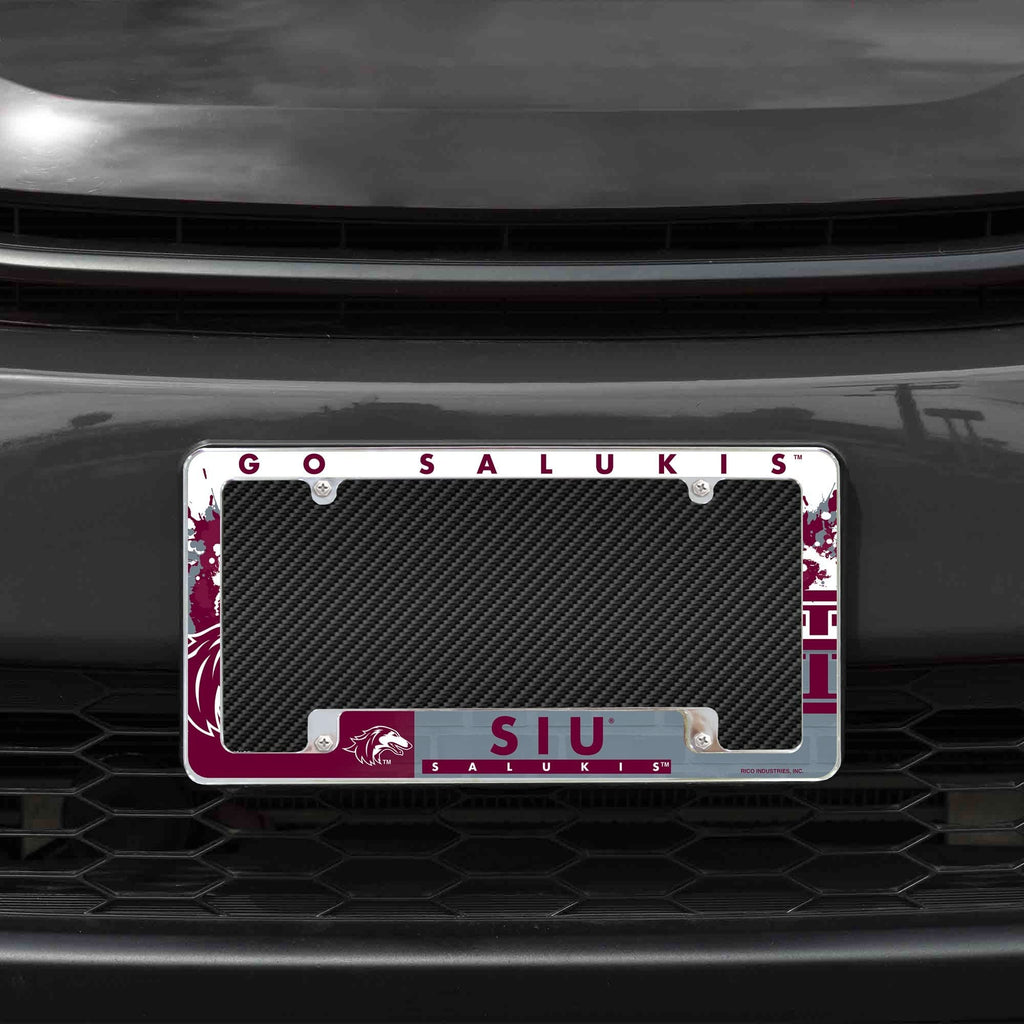 Southern Illinois University Salukis Metal License Plate Frame Chrome Tag Cover, All Over Design, 6x12 Inch