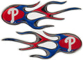 Philadelphia Phillies Pair of Decal Sticker Emblem, Air Puffed Raised, Micro Flame Design, Full Adhesive Backing, 2x5 Inch Each