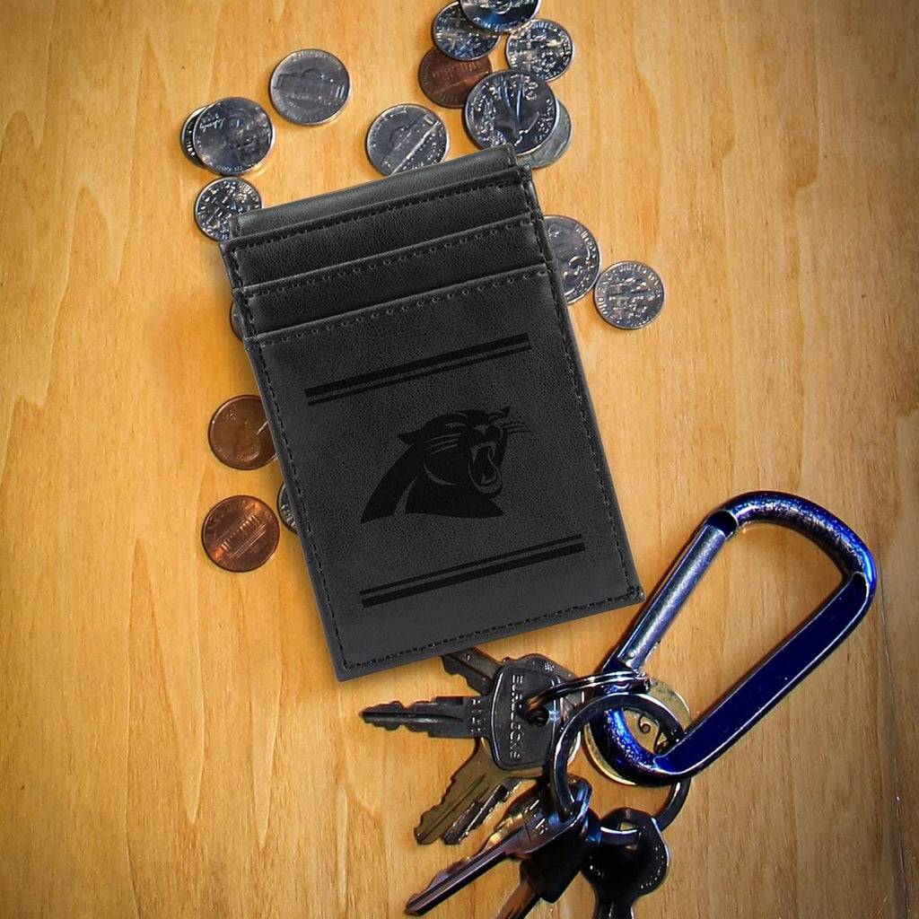 Carolina Panthers Premium Black Leather Wallet, Front Pocket Magnetic Money Clip, Laser Engraved, Vegan