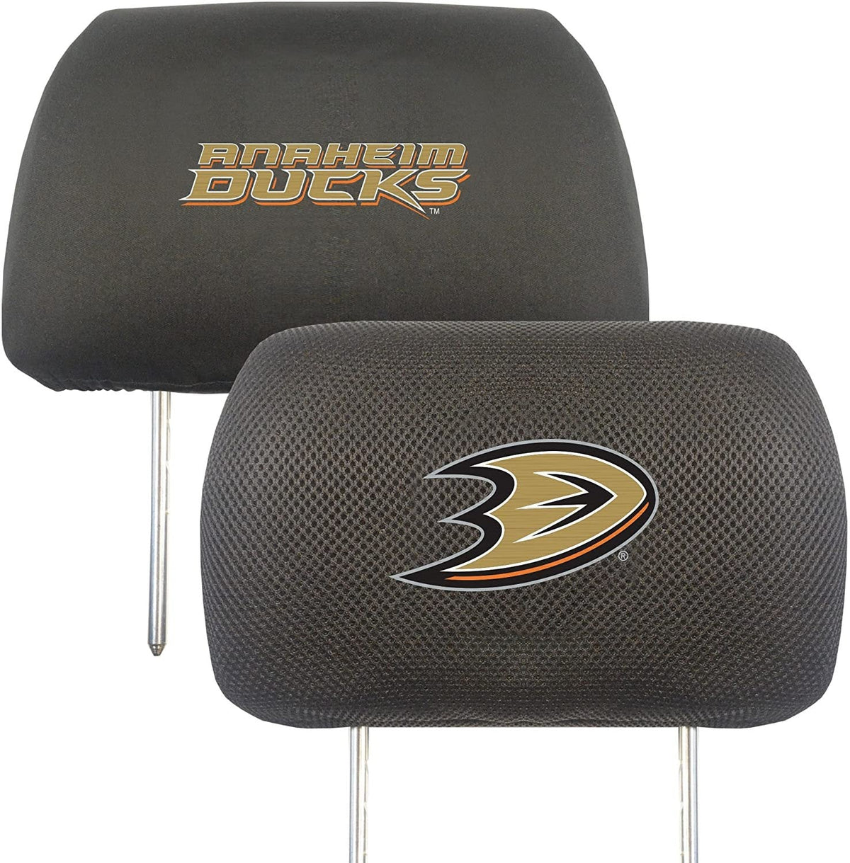 Anaheim Ducks Pair of Premium Auto Head Rest Covers, Embroidered, Black Elastic, 14x10 Inch