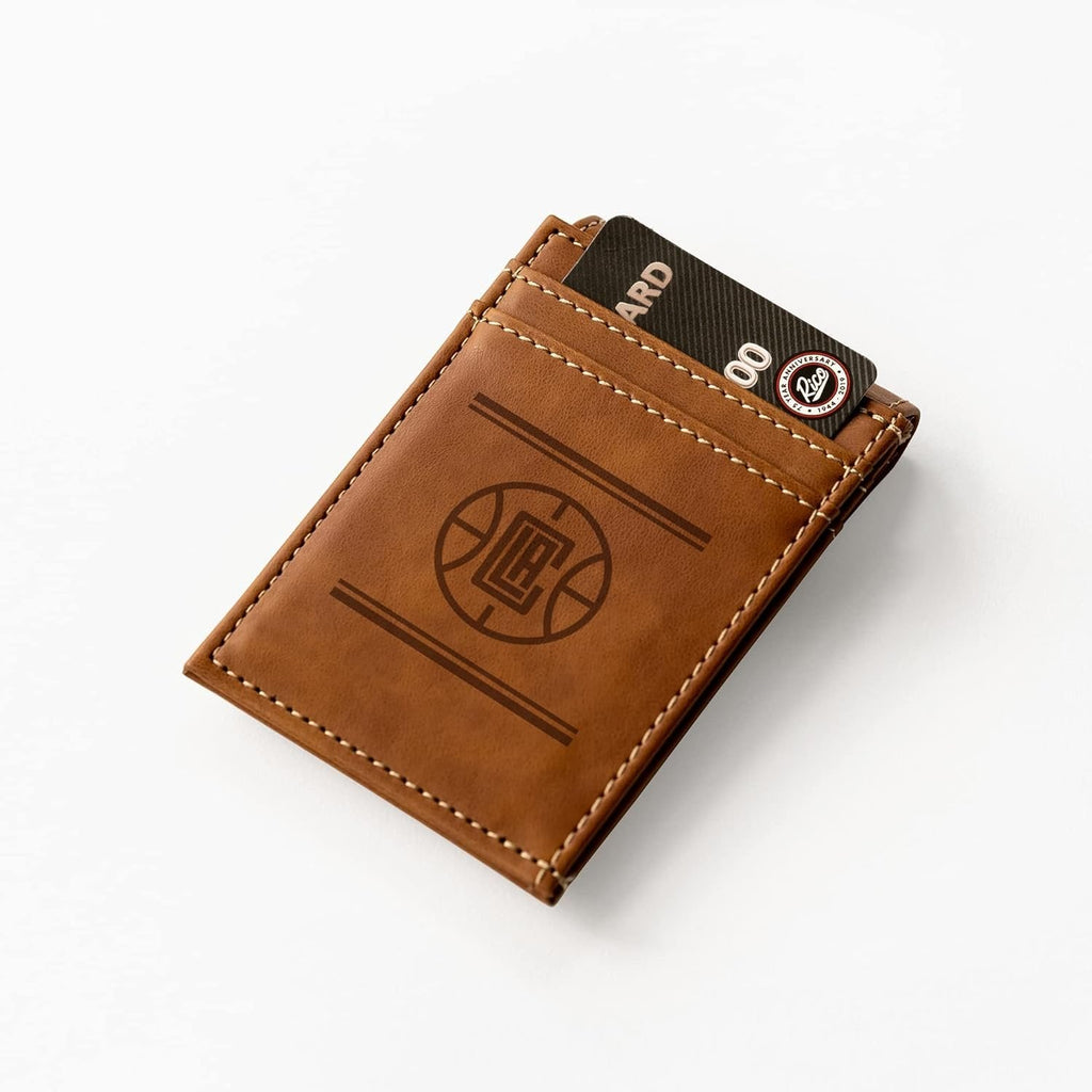 Los Angeles Clippers Premium Brown Leather Wallet, Front Pocket Magnetic Money Clip, Laser Engraved, Vegan