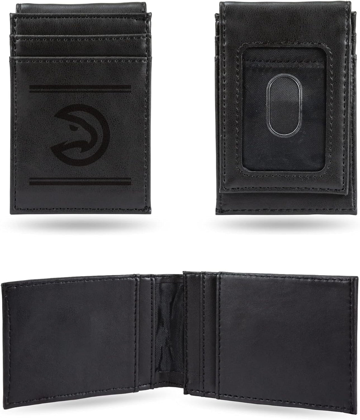 Atlanta Hawks Premium Black Leather Wallet, Front Pocket Magnetic Money Clip, Laser Engraved, Vegan