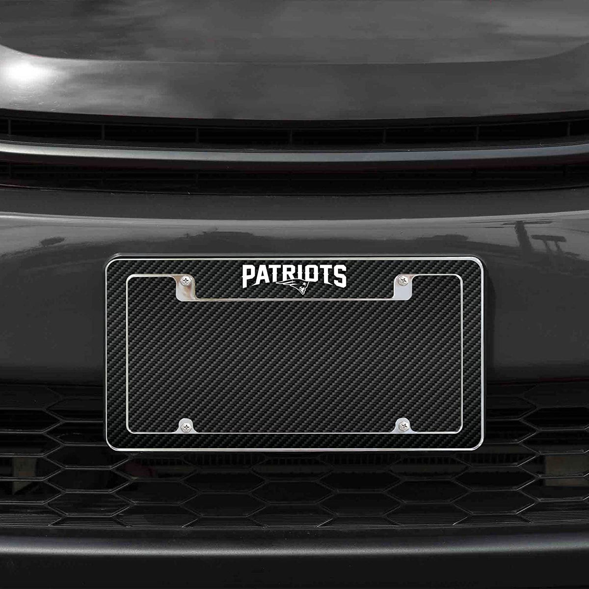 New England Patriots Metal License Plate Frame Chrome Tag Cover Carbon Fiber Design 6x12 Inch