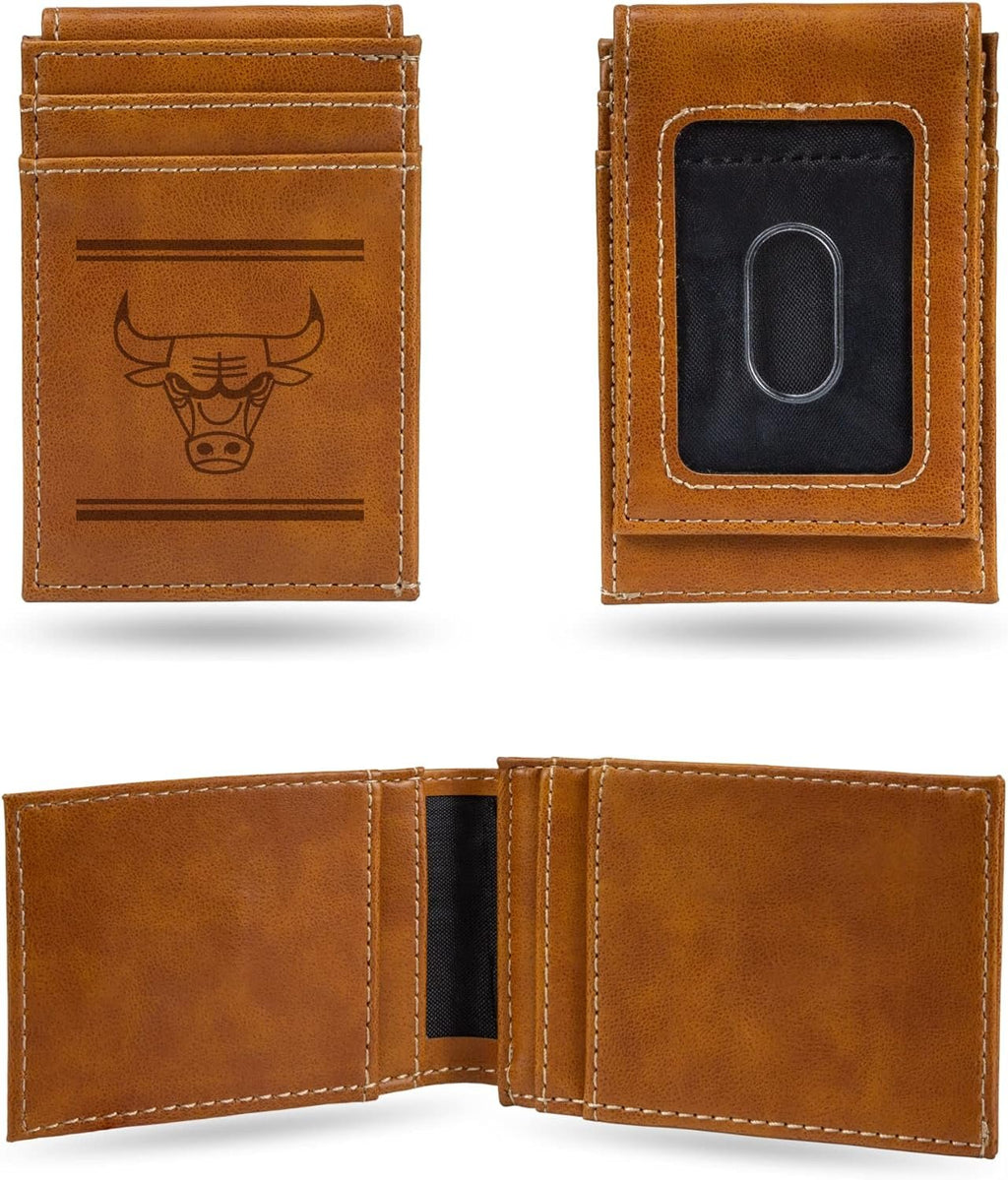 Chicago Bulls Premium Brown Leather Wallet, Front Pocket Magnetic Money Clip, Laser Engraved, Vegan