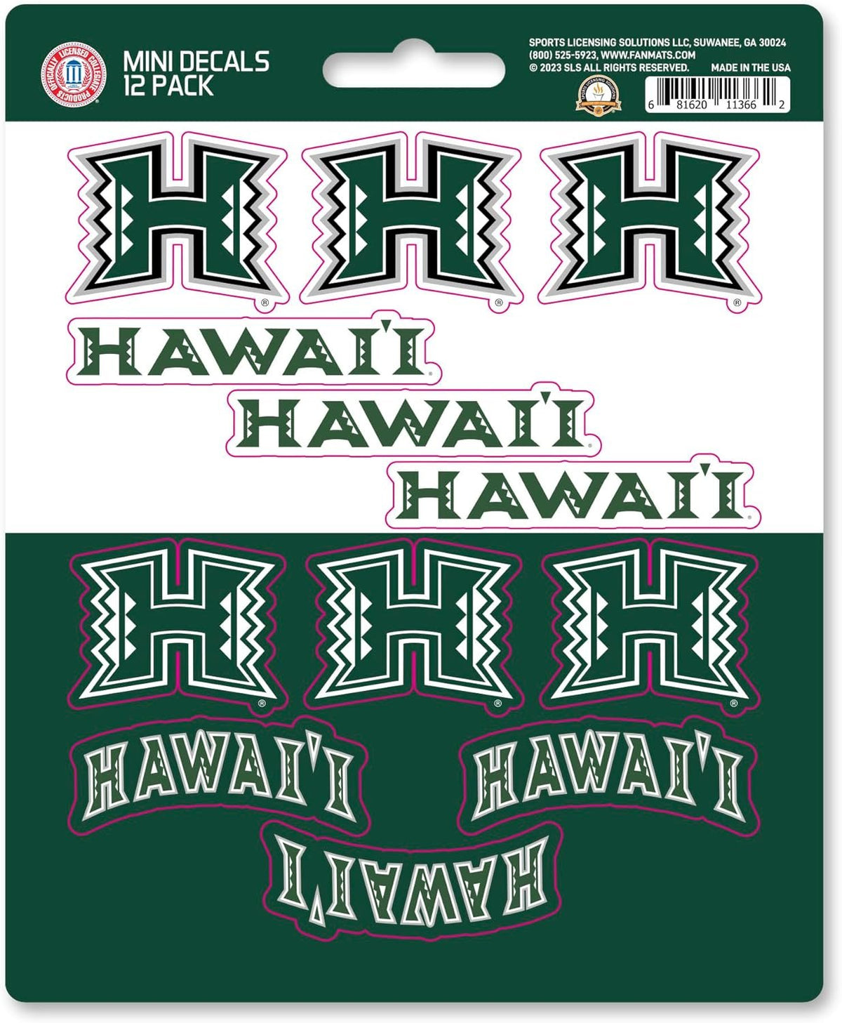 University of Hawaii Rainbow Warriors 12-Piece Mini Decal Sticker Set, 5x6 Inch Sheet, Gift for football fans for any hard surfaces around home, automotive, personal items