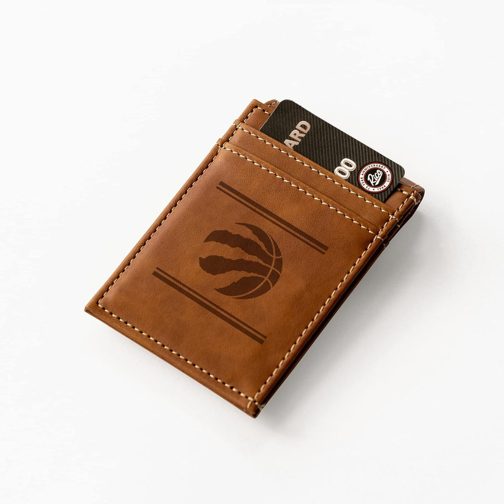 Toronto Raptors Premium Brown Leather Wallet, Front Pocket Magnetic Money Clip, Laser Engraved, Vegan