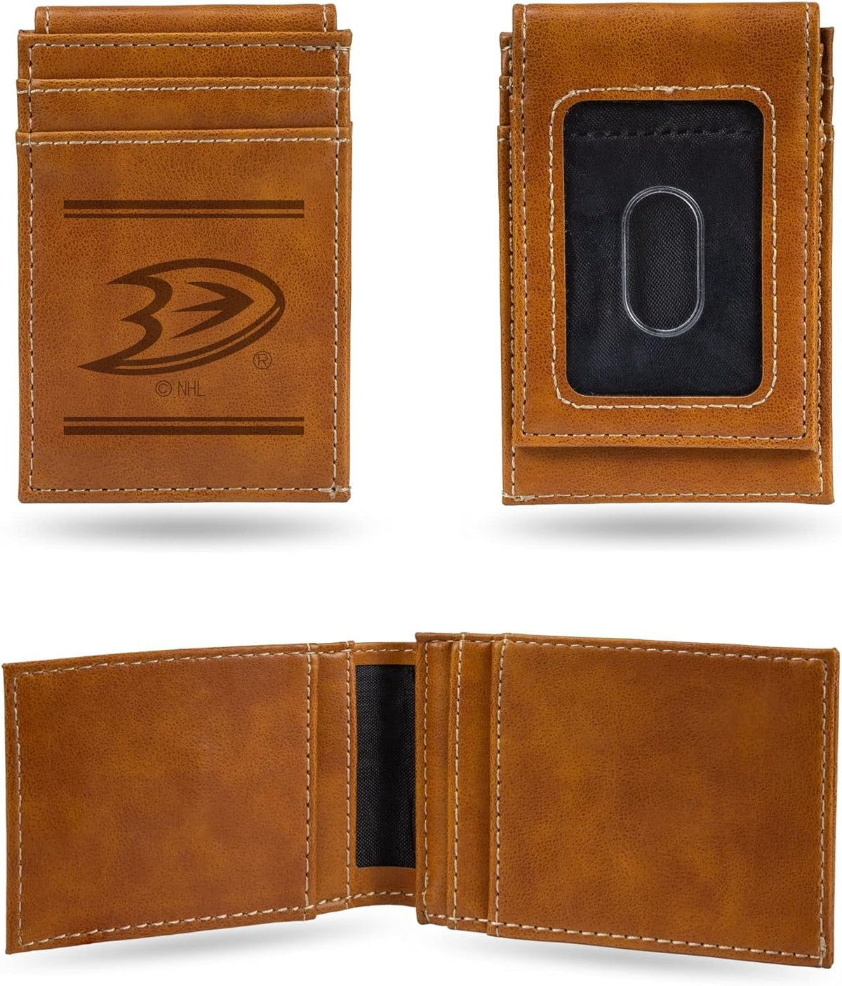 Anaheim Ducks Premium Brown Leather Wallet, Front Pocket Magnetic Money Clip, Laser Engraved, Vegan