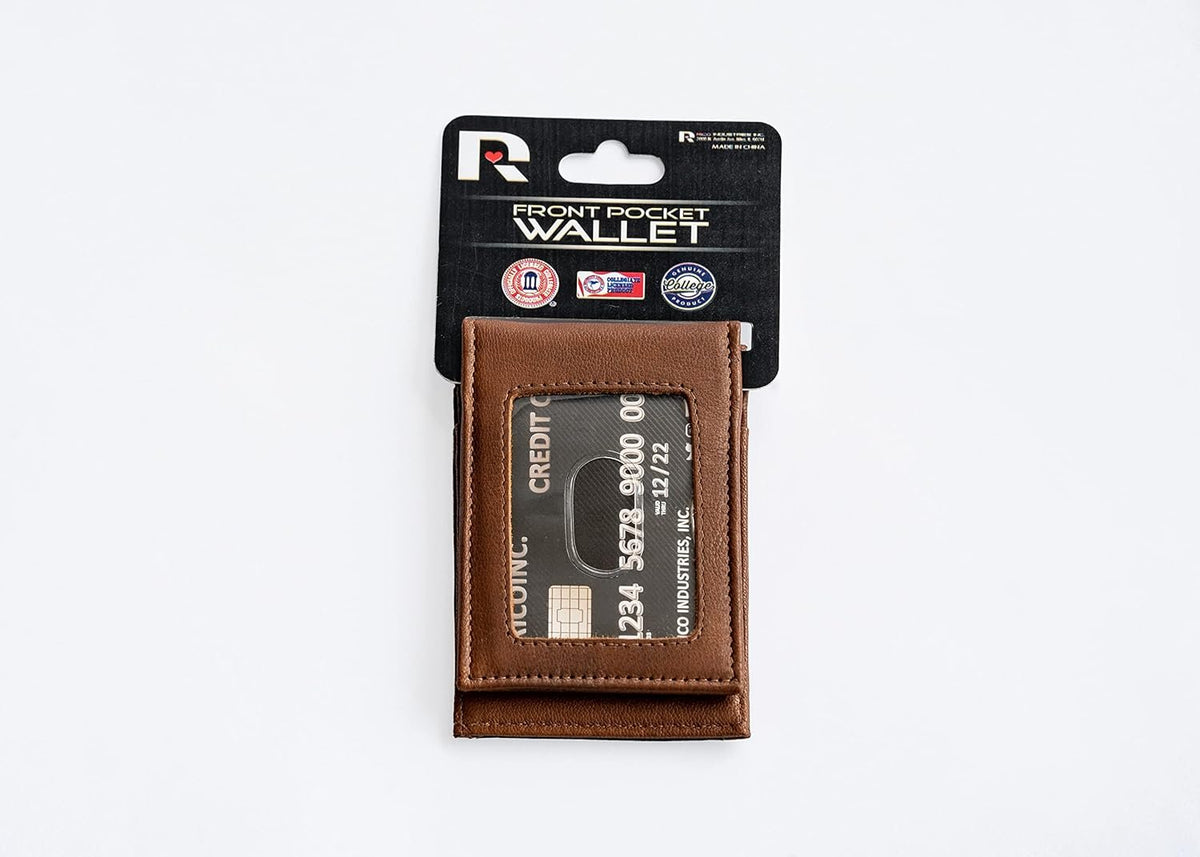 Edmonton Oilers Premium Brown Leather Wallet, Front Pocket Magnetic Money Clip, Laser Engraved, Vegan