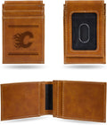 Calgary Flames Premium Brown Leather Wallet, Front Pocket Magnetic Money Clip, Laser Engraved, Vegan