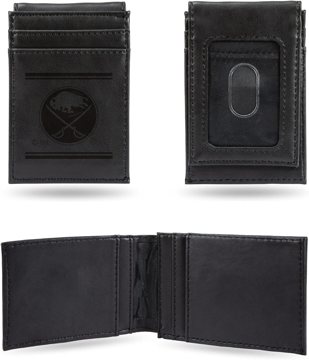 Buffalo Sabres Premium Black Leather Wallet, Front Pocket Magnetic Money Clip, Laser Engraved, Vegan