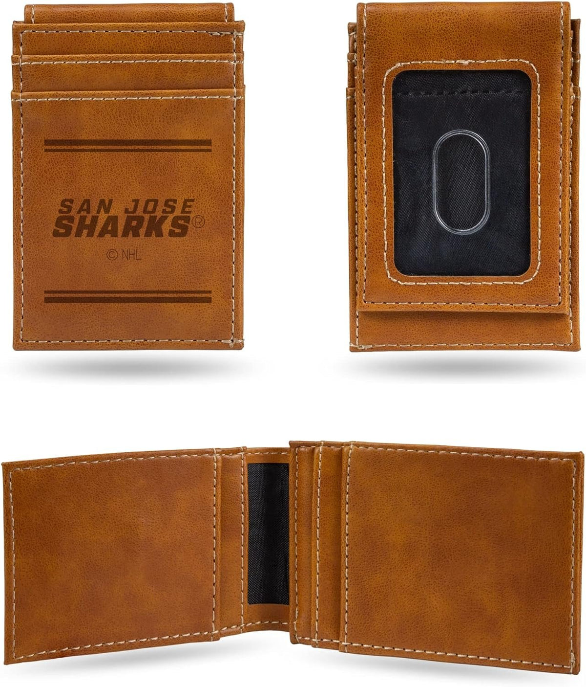 San Jose Sharks Premium Brown Leather Wallet, Front Pocket Magnetic Money Clip, Laser Engraved, Vegan