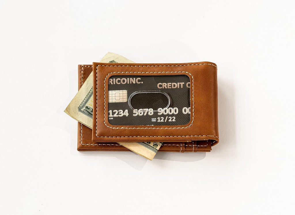 Kansas City Chiefs Premium Brown Leather Wallet, Front Pocket Magnetic Money Clip, Laser Engraved, Vegan