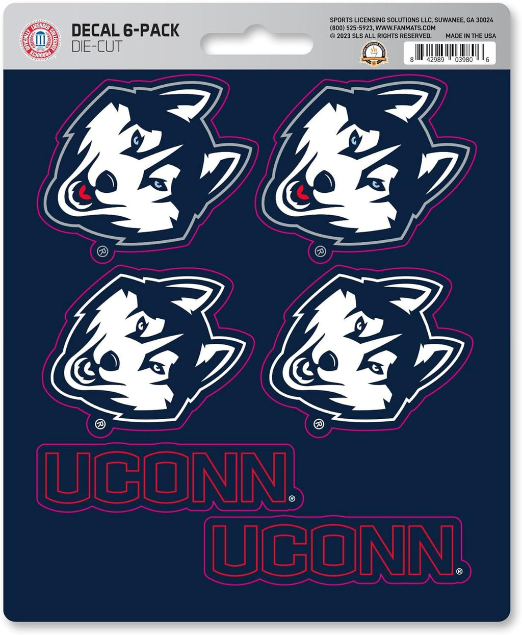 University of Connecticut Huskies 6-Piece Decal Sticker Set, 5x6 Inch Sheet, Gift for football fans for any hard surfaces around home, automotive, personal items